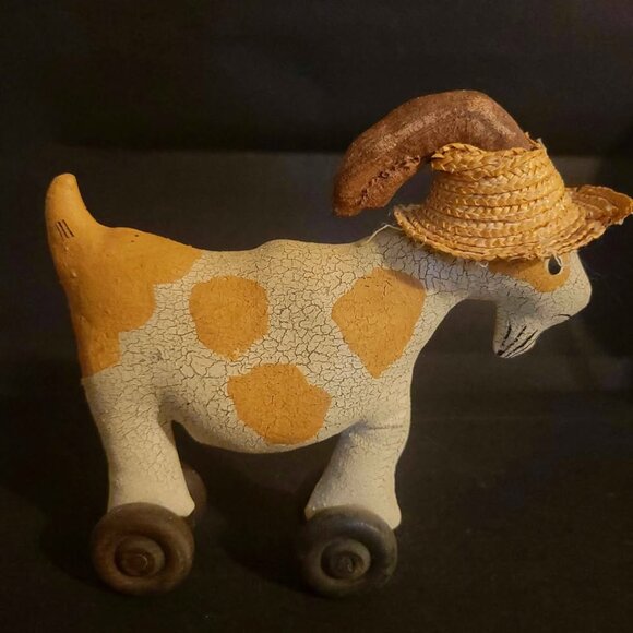 Vintage Paper Mache Goat with Staw Hat on Wheels Toy - Picture 3 of 7